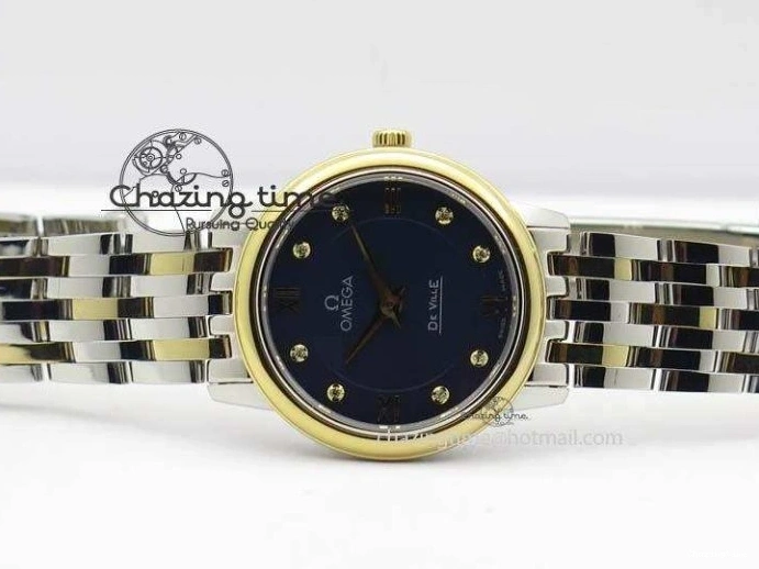 0124 HighQuality De Ville 27mm SS YG Ladies MK 1:1 Best Edition Blue Dial Diamond Markers On SS Bracelet Ronda Quartz 8186